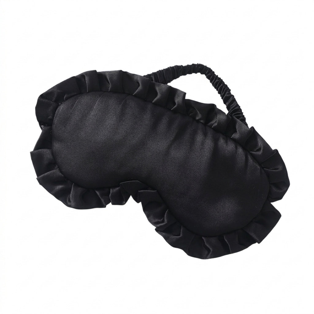 Soft Faux Silk Sleeping Eye Mask Ruffled Frills - Black