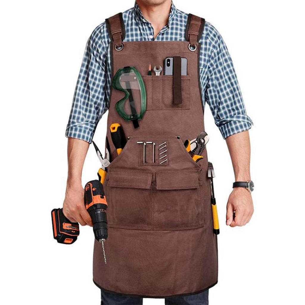 Heavy Duty Canvas Work Apron With Multiple Pockets - Brown