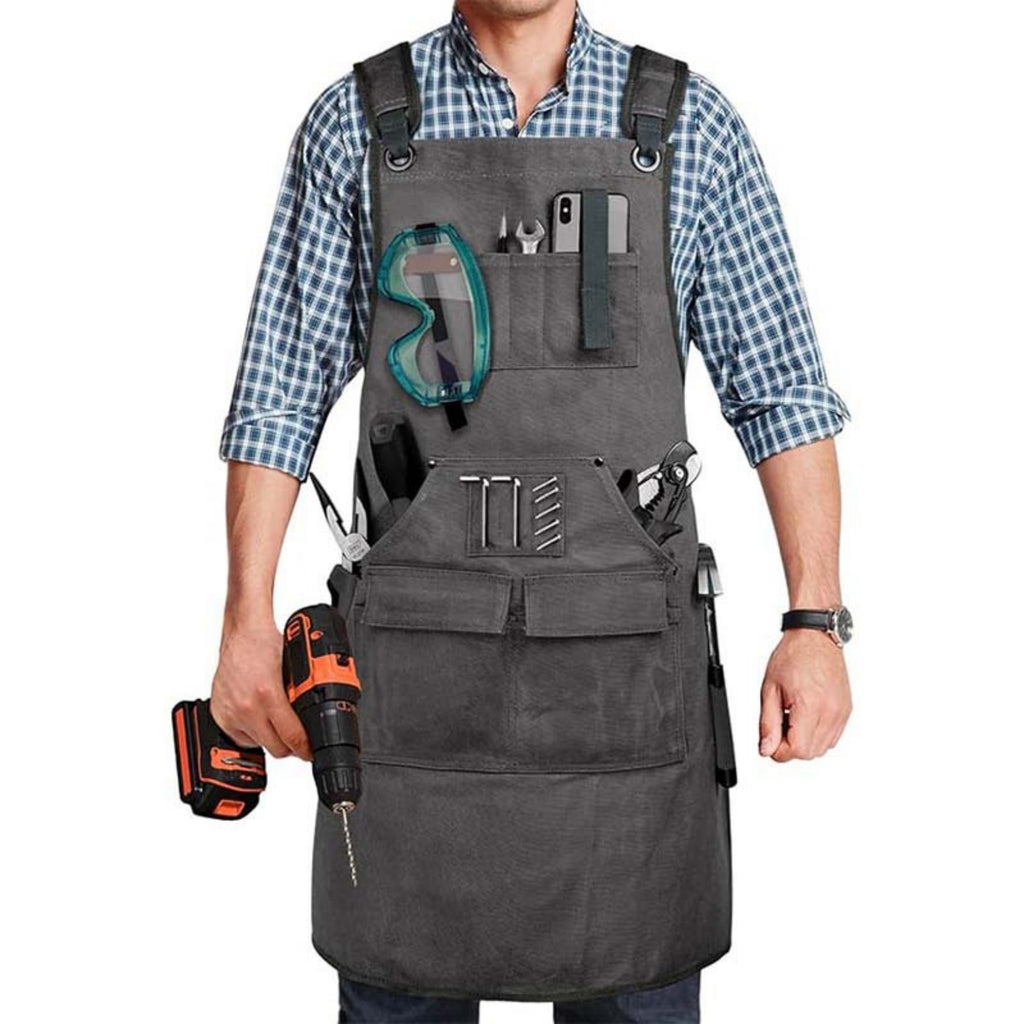 Heavy Duty Canvas Work Apron With Multiple Pockets - Grey