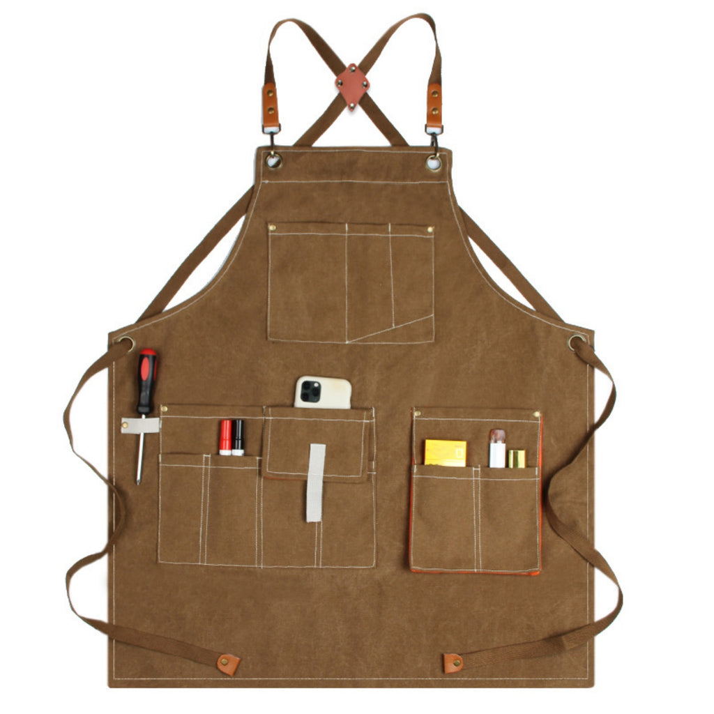 Heavy Duty Denim Barber Woodworking Apron With Pockets - Brown