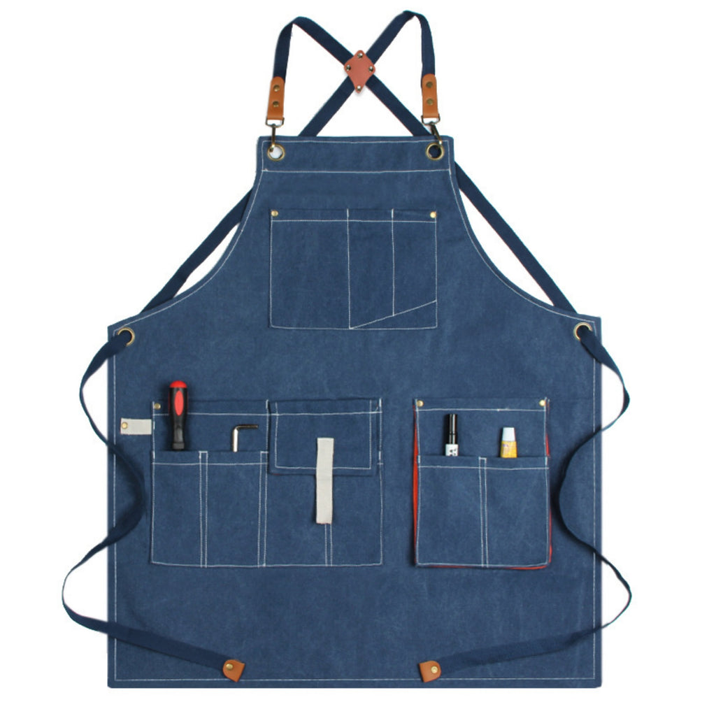 Heavy Duty Denim Barber Woodworking Apron With Pockets - Blue