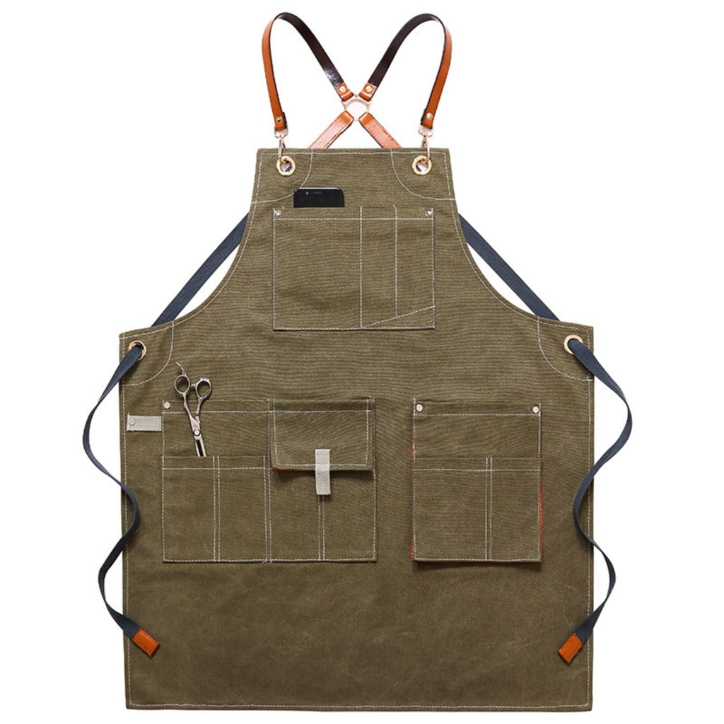 Heavy Duty Denim Barber Woodworking Apron With Pockets - Green