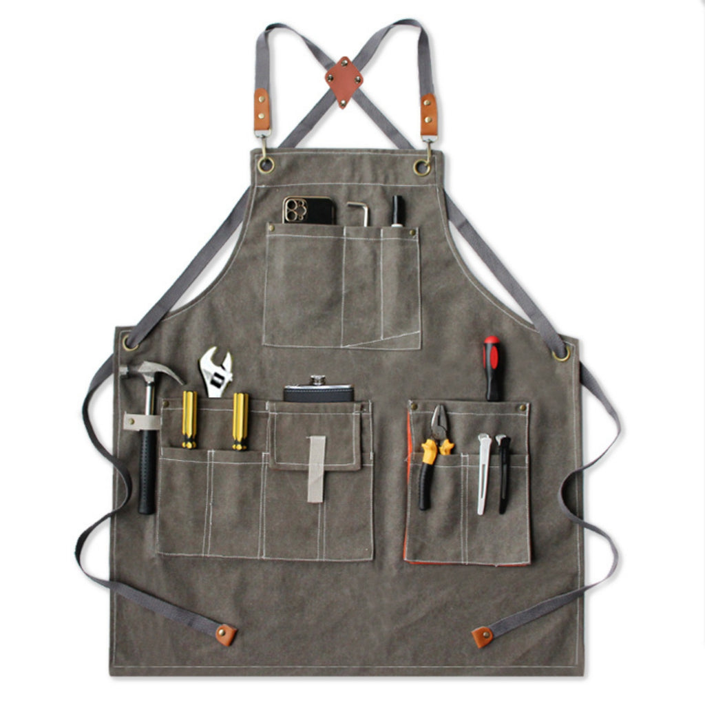 Heavy Duty Denim Barber Woodworking Apron With Pockets - Grey