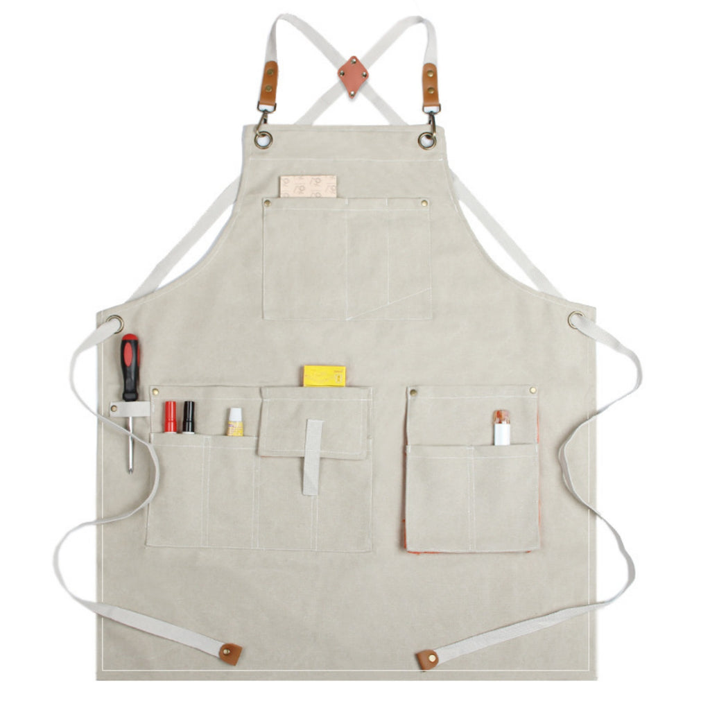 Heavy Duty Denim Barber Woodworking Apron With Pockets - White