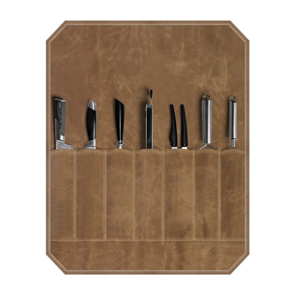 Professional Waxed Canvas Roll Up Knife Case - Brown