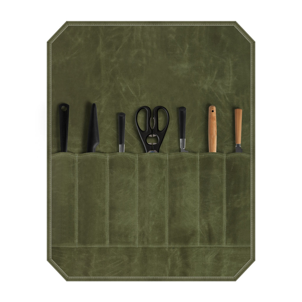 Professional Waxed Canvas Roll Up Knife Case - Green