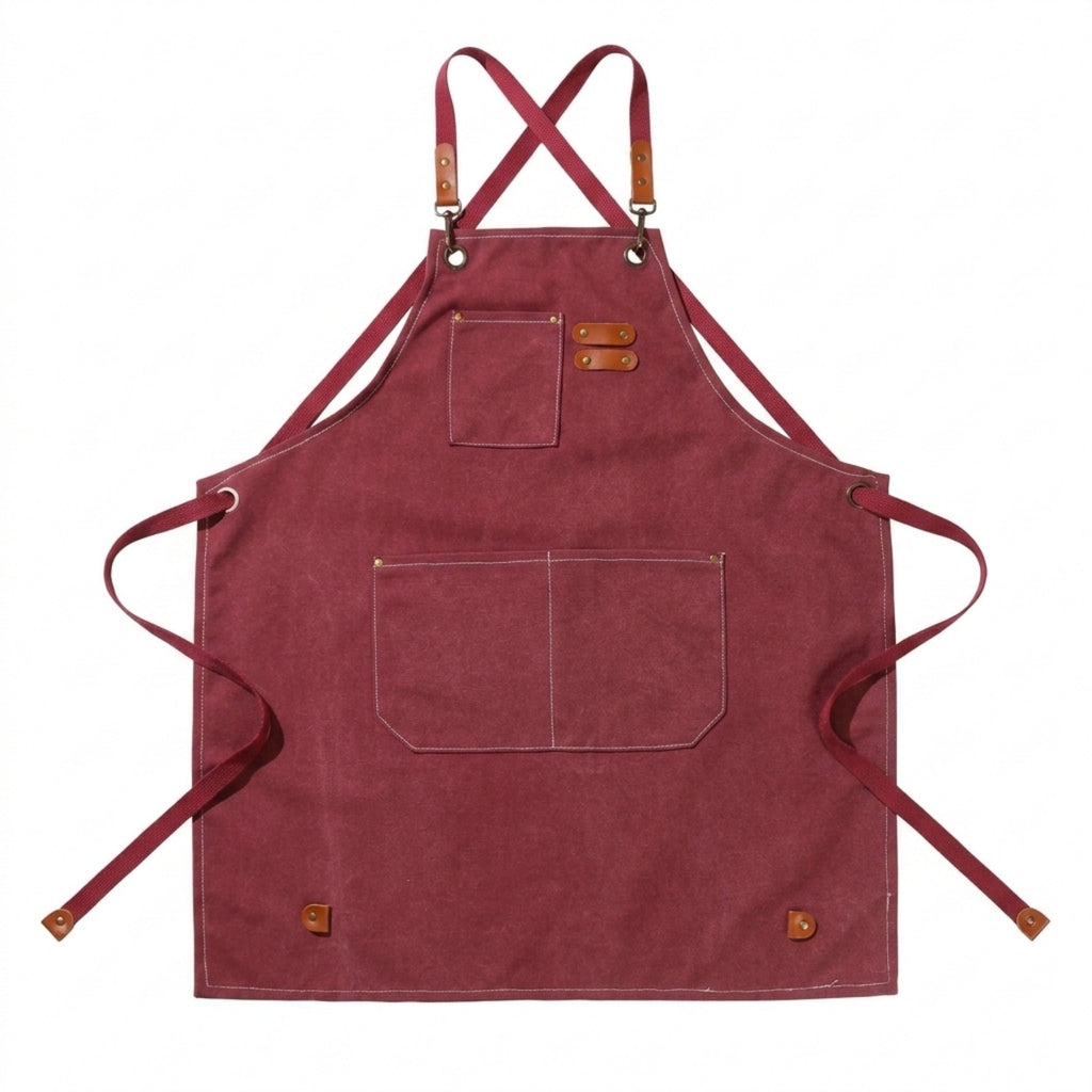 Canvas Apron With Adjustable Cross Back Straps - Dark Red