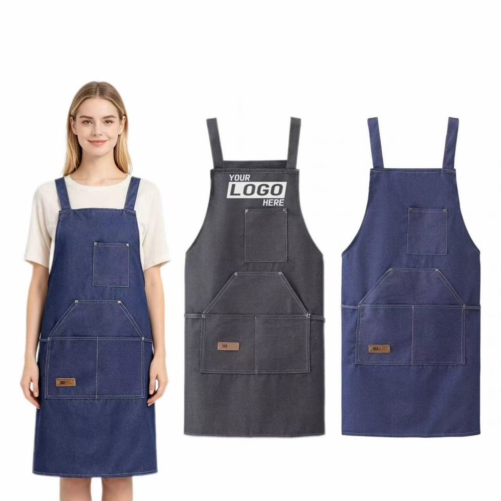 Denim Apron With Shoulder Straps And Pouch Pocket Primary imprint location