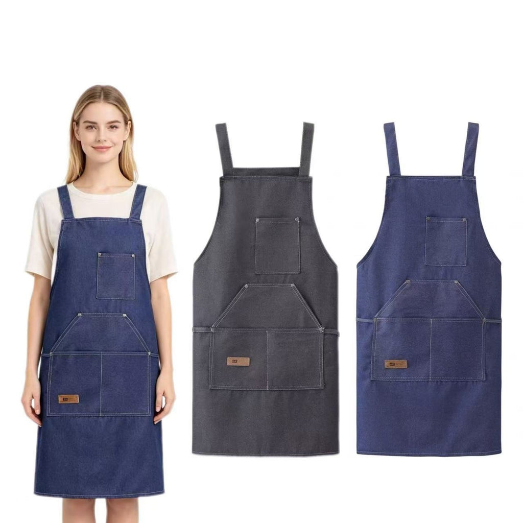 Denim Apron With Shoulder Straps And Pouch Pocket - blank product