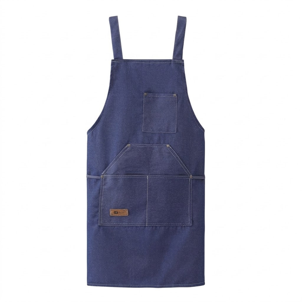 Denim Apron With Shoulder Straps And Pouch Pocket - Blue