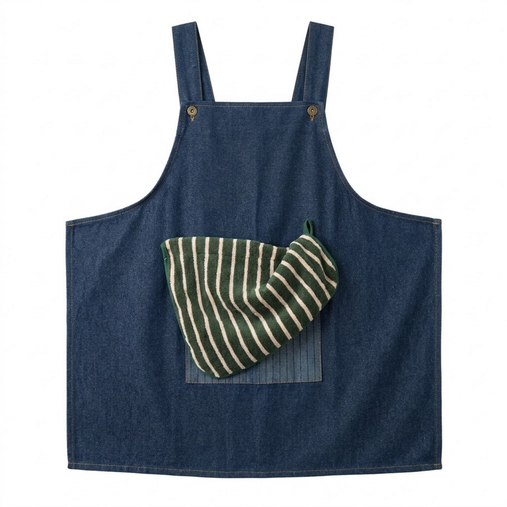 Denim Kitchen Apron With Detachable Hand Towel - Blue,Green