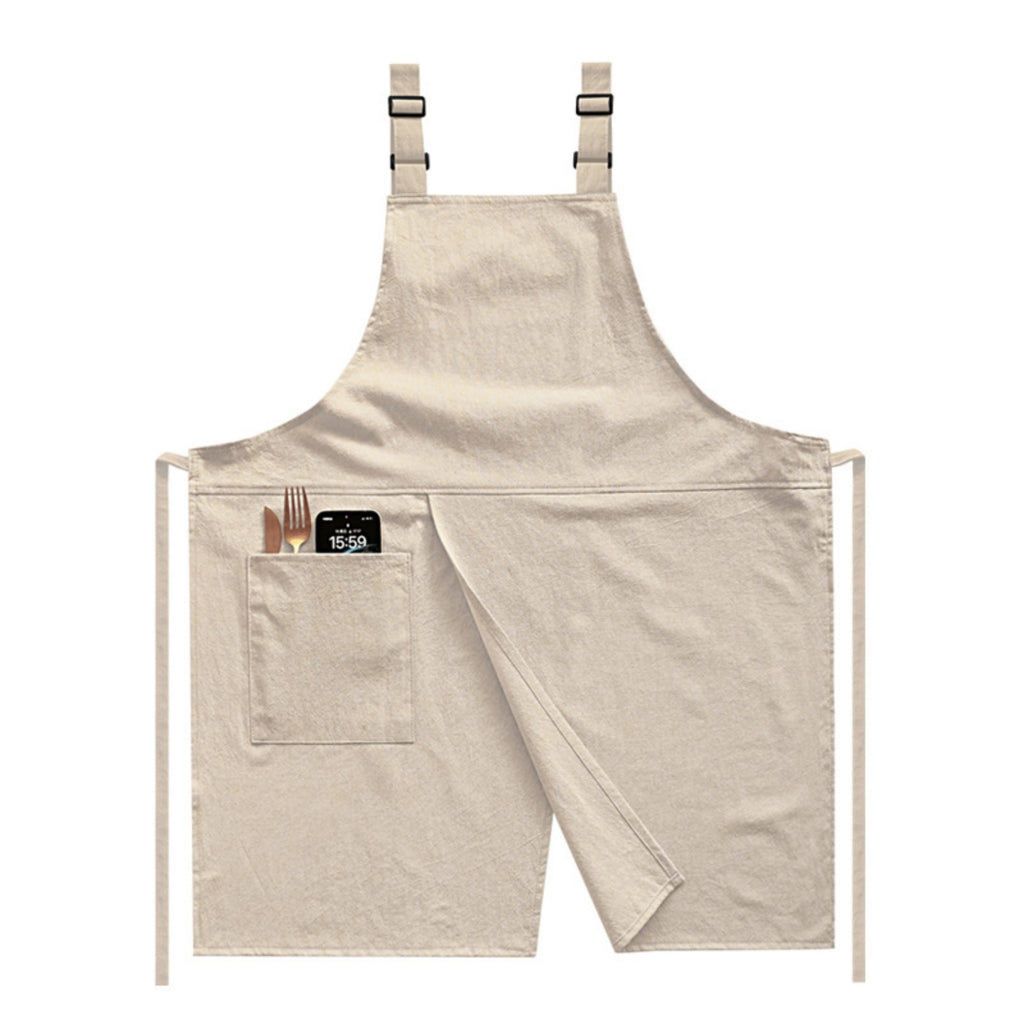 Adjustable Split-Front Cotton Linen BBQ Apron - White