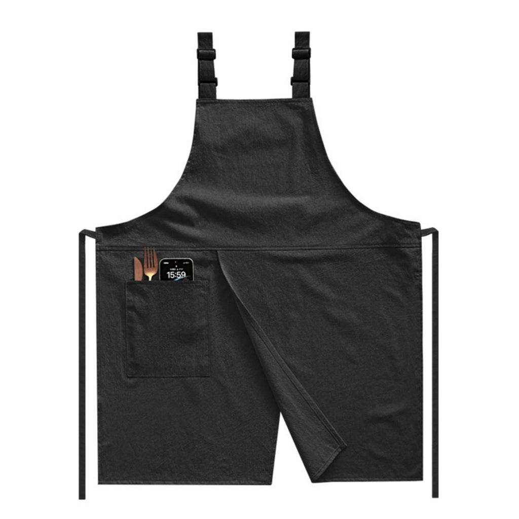 Adjustable Split-Front Cotton Linen BBQ Apron - Black