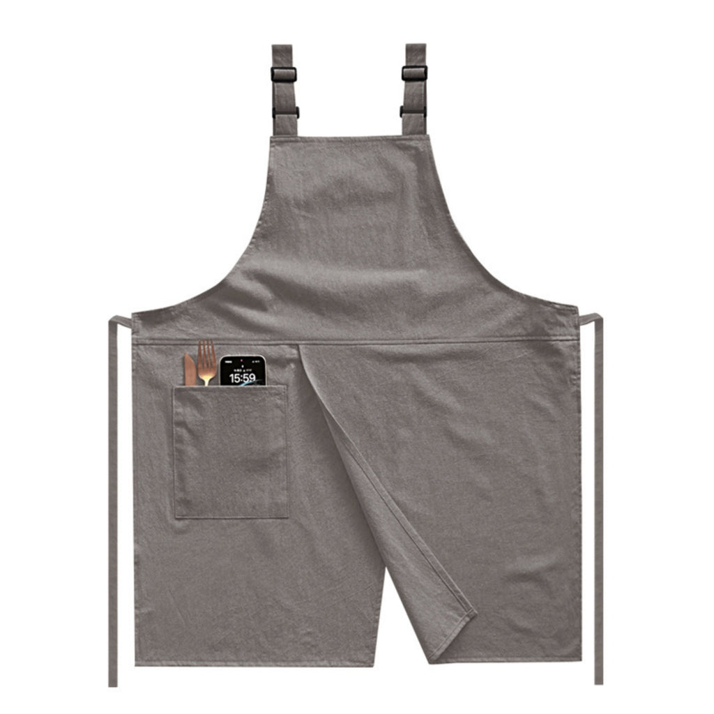 Adjustable Split-Front Cotton Linen BBQ Apron - Grey