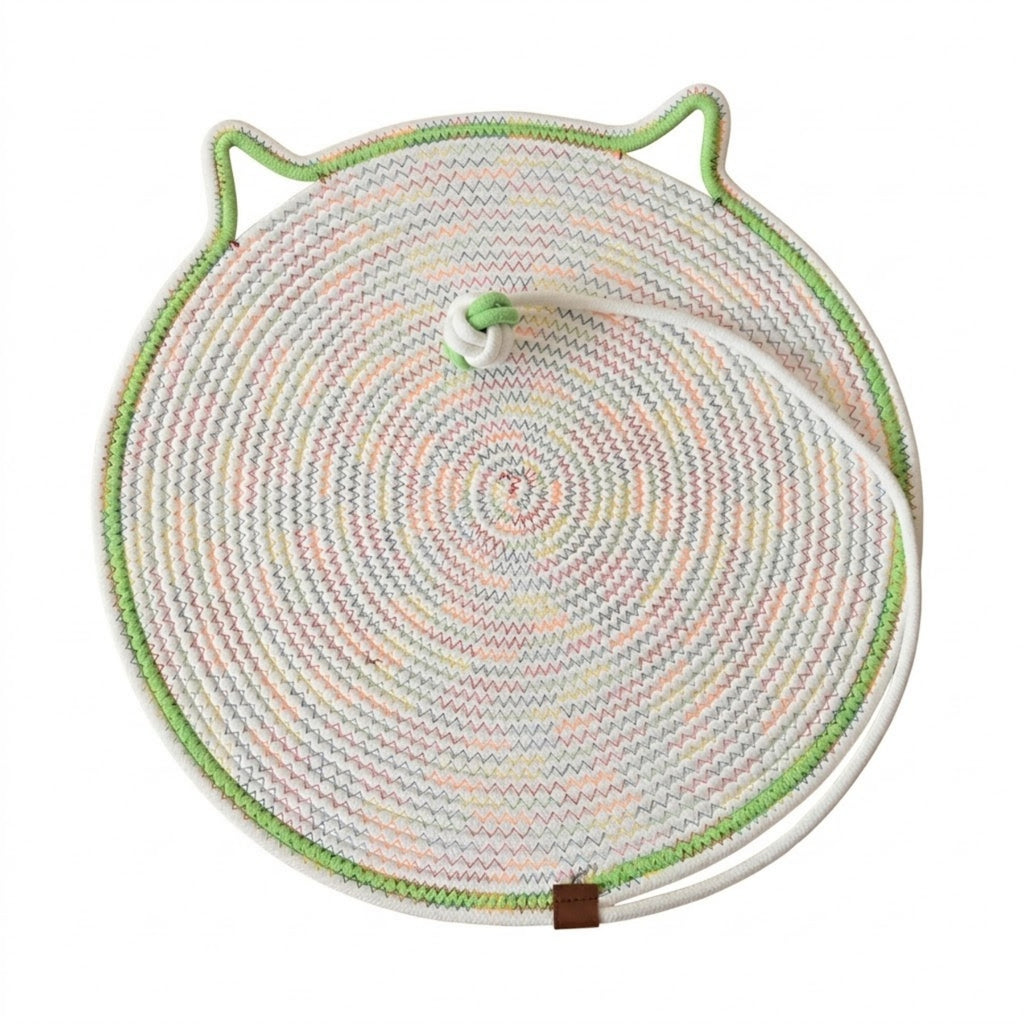 Handmade Cotton Rope Cat Scratcher Mat With Toy Ball - Green Trim