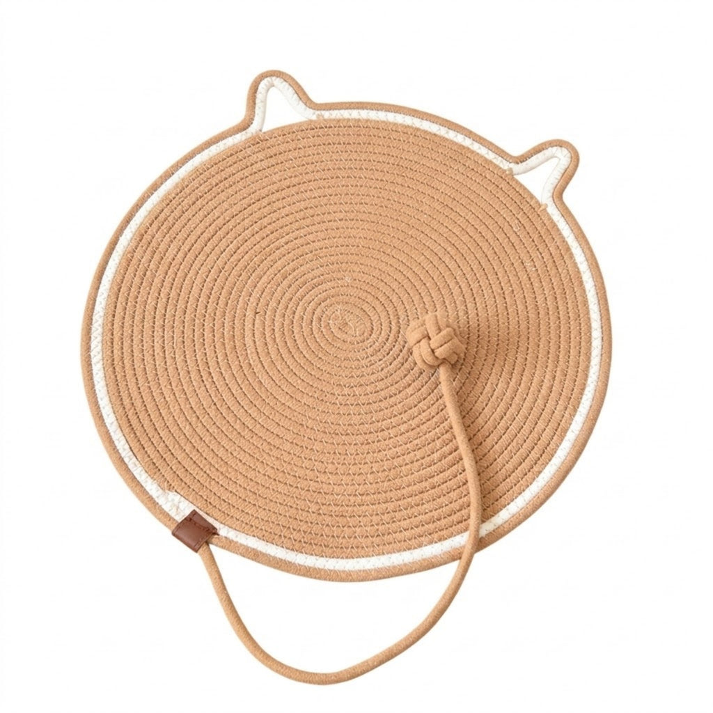 Handmade Cotton Rope Cat Scratcher Mat With Toy Ball - Khaki