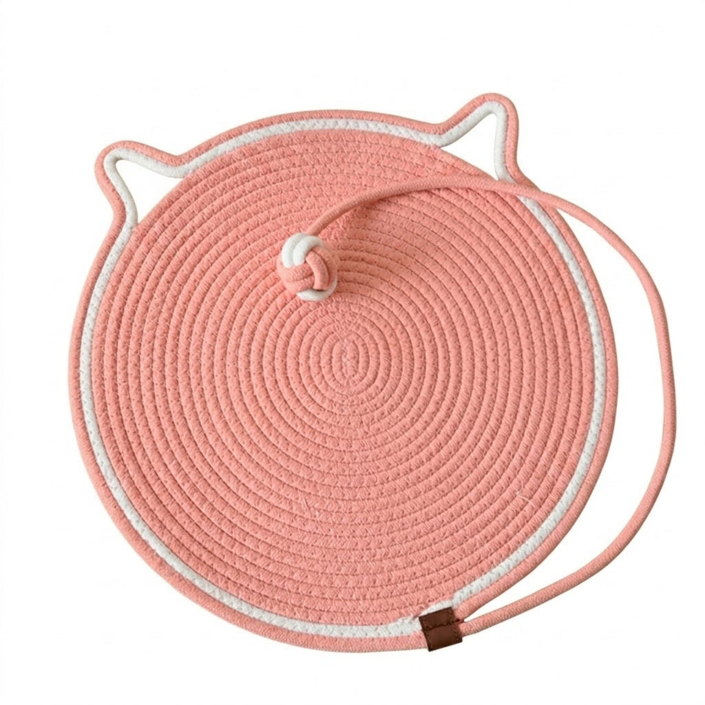 Handmade Cotton Rope Cat Scratcher Mat With Toy Ball - Red