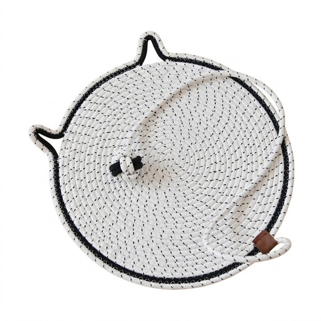 Handmade Cotton Rope Cat Scratcher Mat With Toy Ball - White
