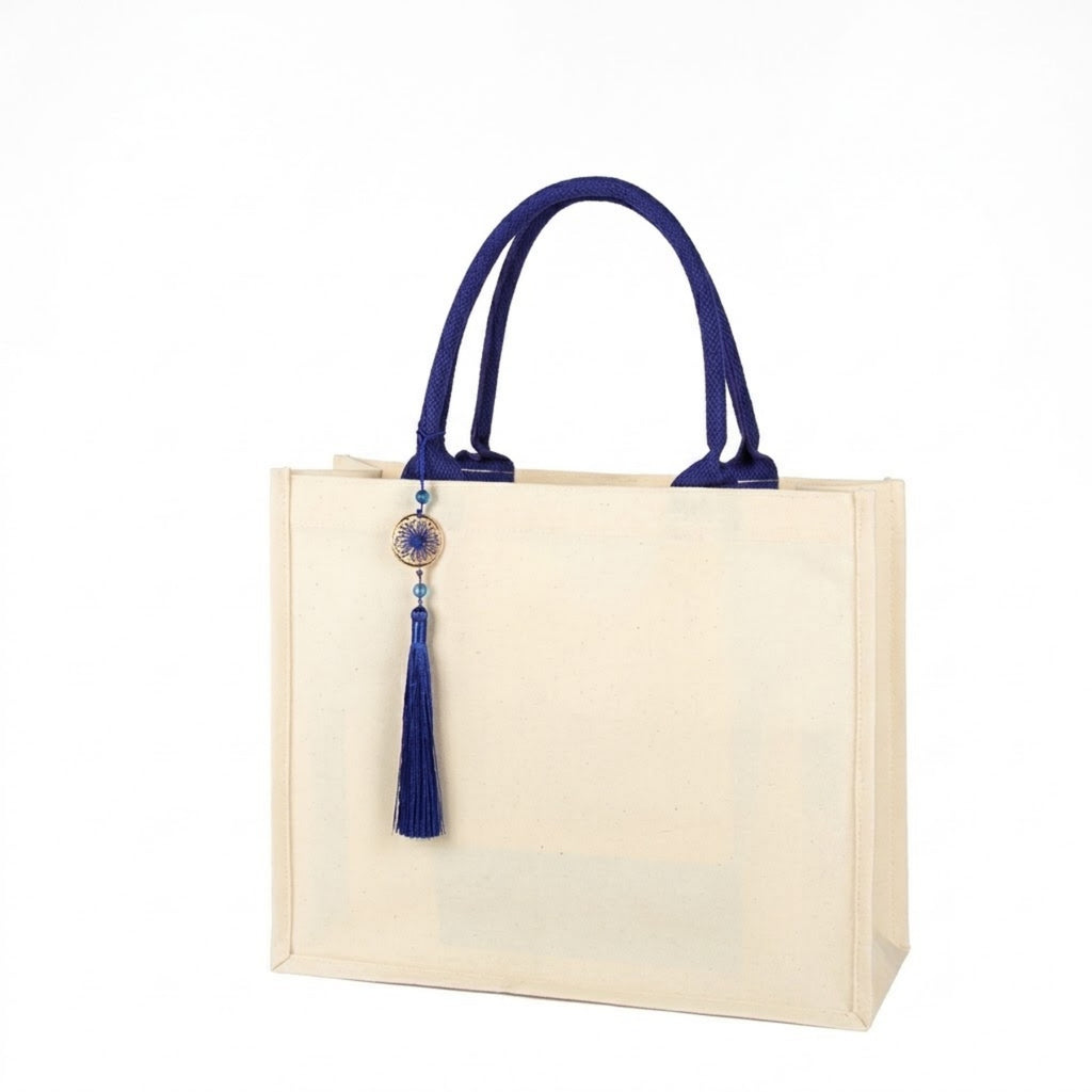 Premium Canvas Tote Bag With Tassel - Blue