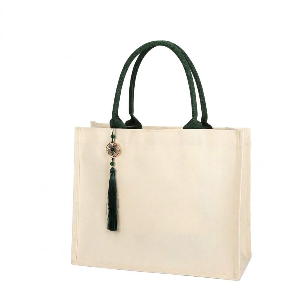 Premium Canvas Tote Bag With Tassel - Green