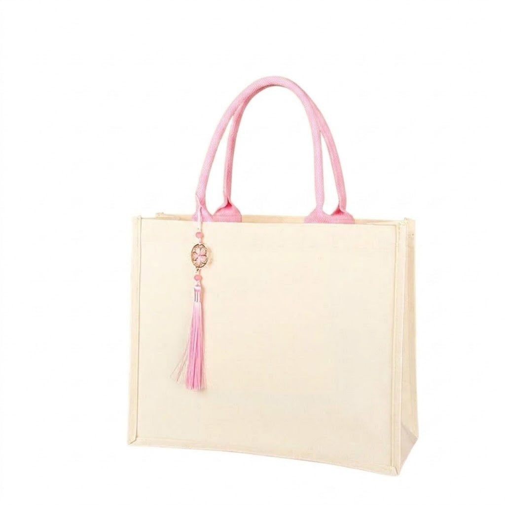 Premium Canvas Tote Bag With Tassel - Pink