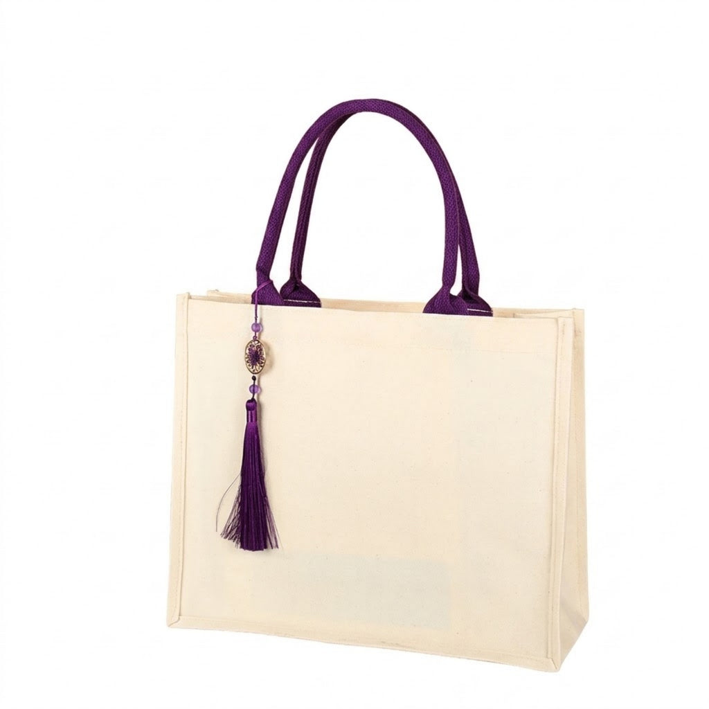 Premium Canvas Tote Bag With Tassel - Purple