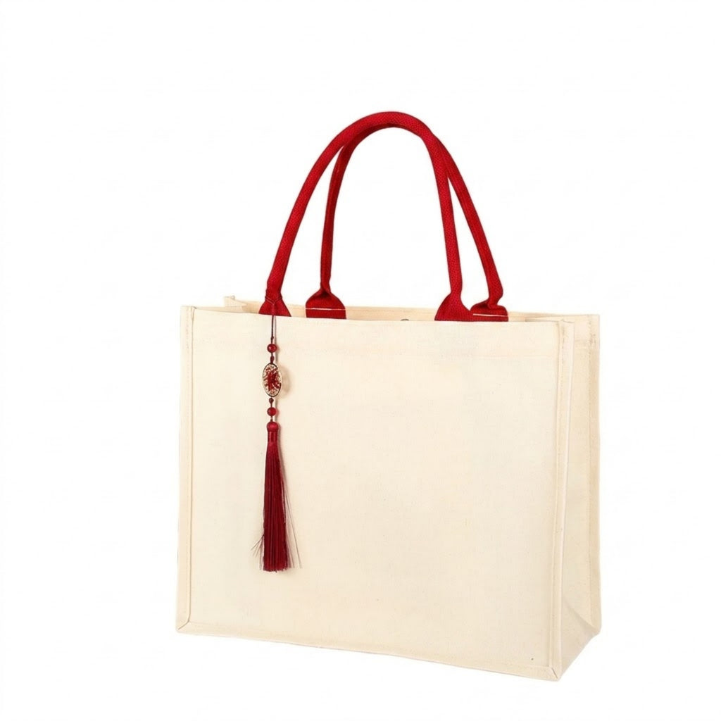 Premium Canvas Tote Bag With Tassel - Red