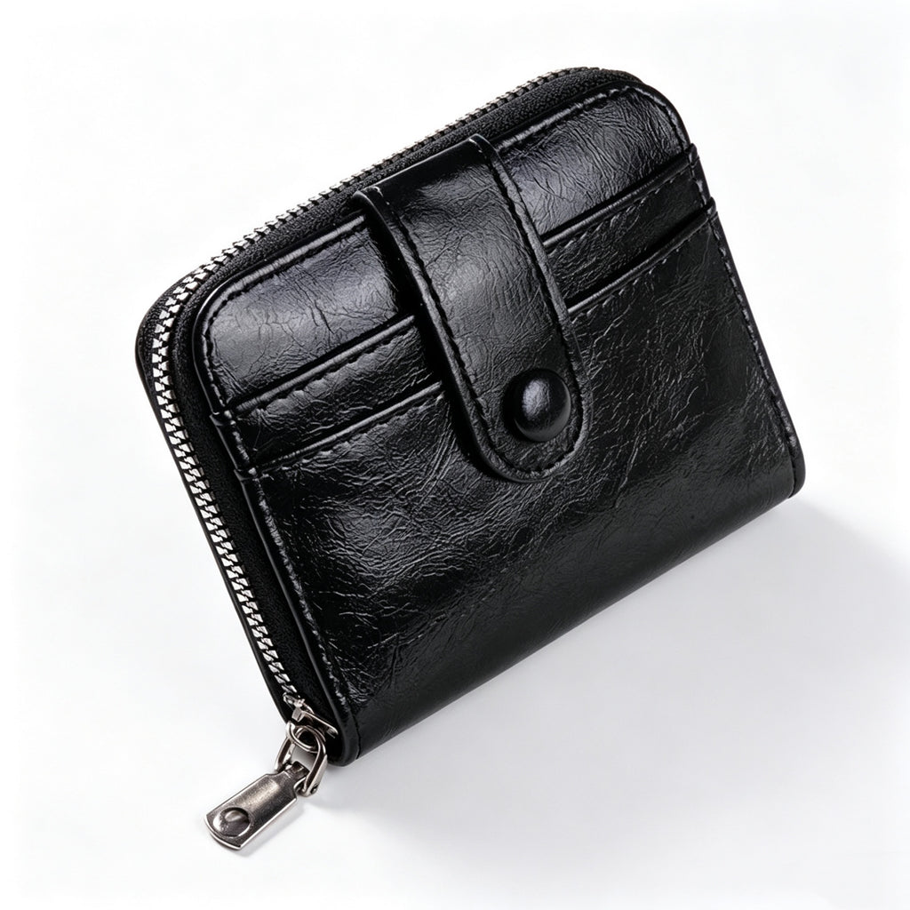 Small Leather Coin Purse Zipper Card Holder Wallet - Black