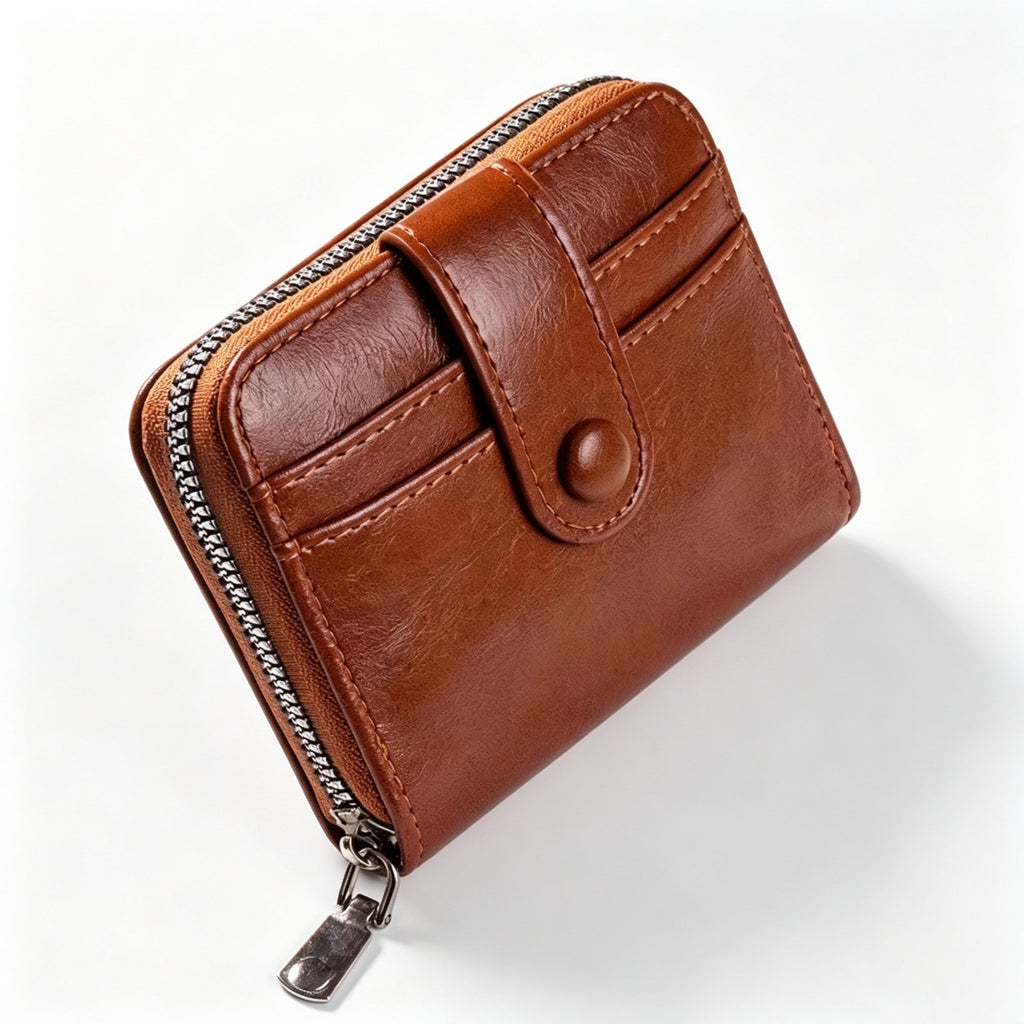 Small Leather Coin Purse Zipper Card Holder Wallet - Brown