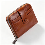 Small Leather Coin Purse Zipper Card Holder Wallet - Brown