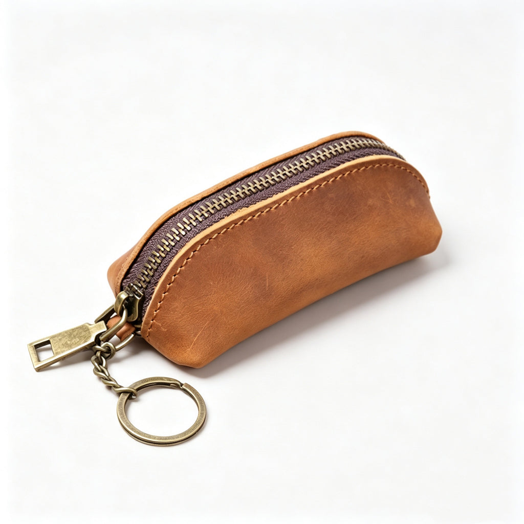 Leather Pencil Case Vintage Zipper Pen Pouch Holder - Brown