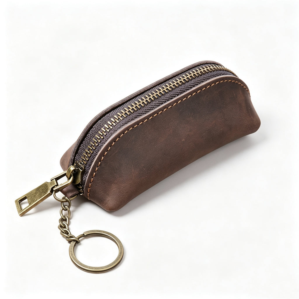 Leather Pencil Case Vintage Zipper Pen Pouch Holder - Coffee