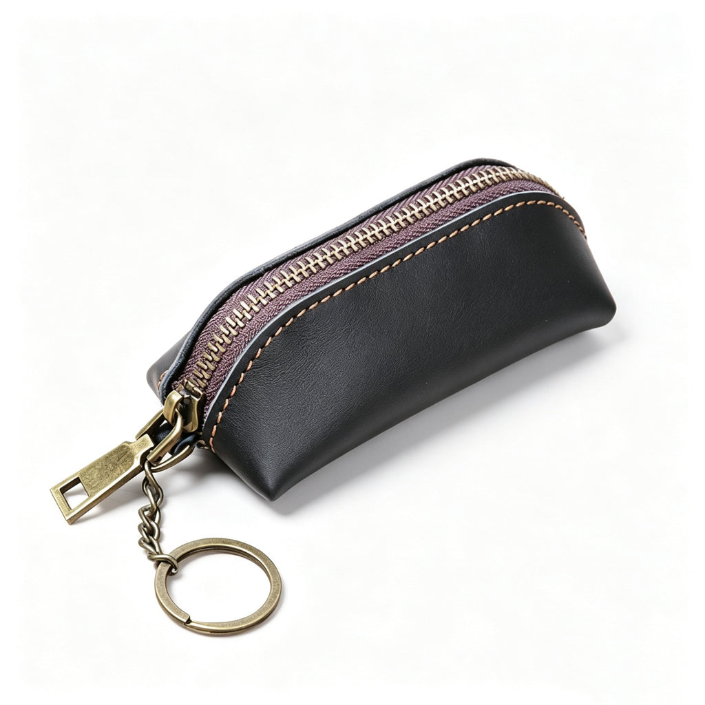 Leather Pencil Case Vintage Zipper Pen Pouch Holder - Black