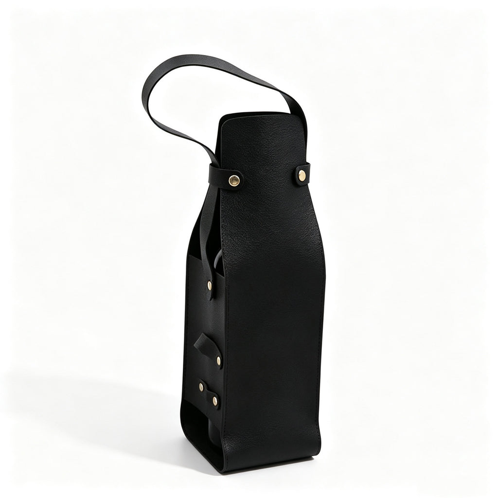 Leather Wine Bottle Carrier Cutout Handbag Tote - Black