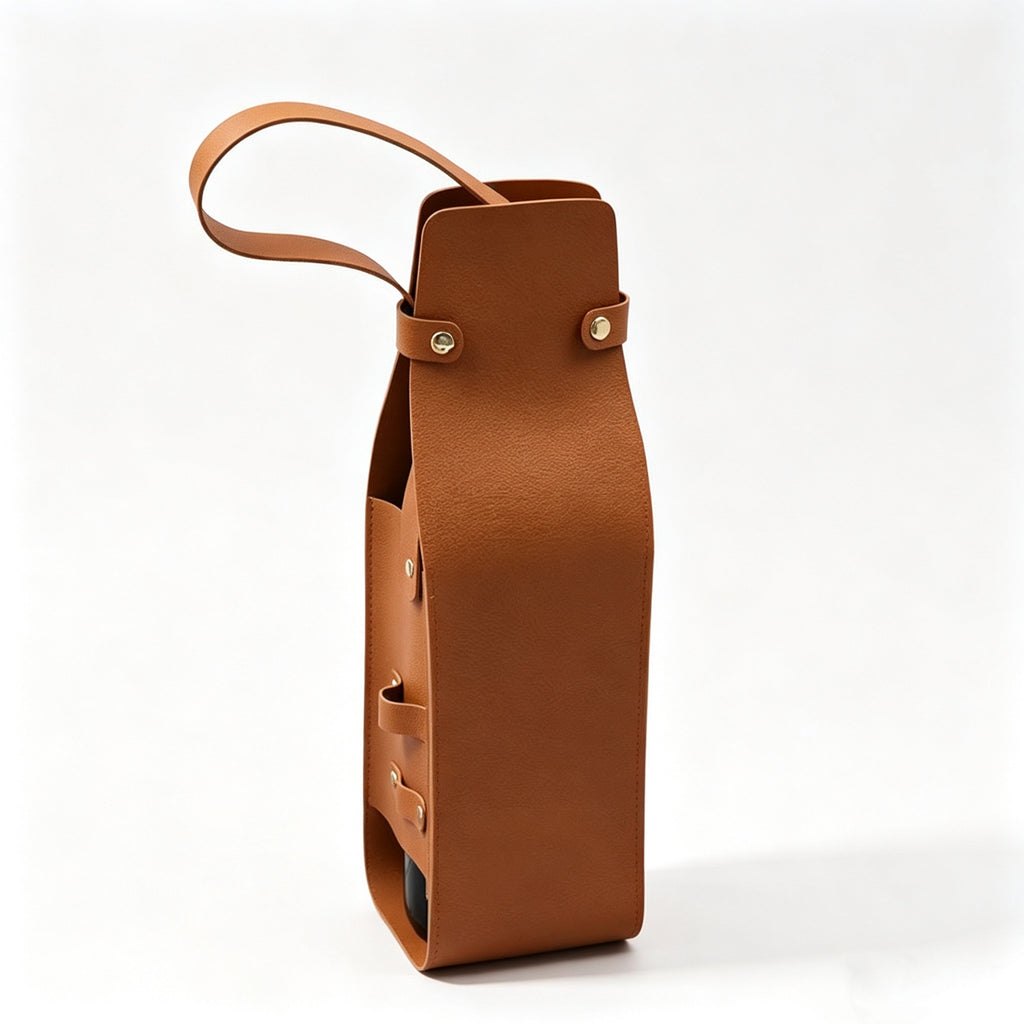 Leather Wine Bottle Carrier Cutout Handbag Tote - Brown