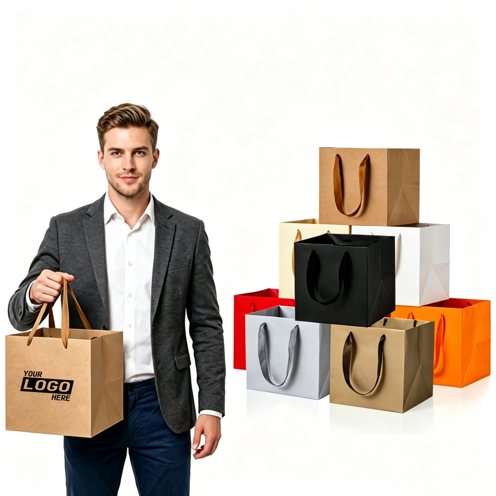 Square Kraft Paper Bag Ribbon Handle Gift Tote Box Primary imprint location