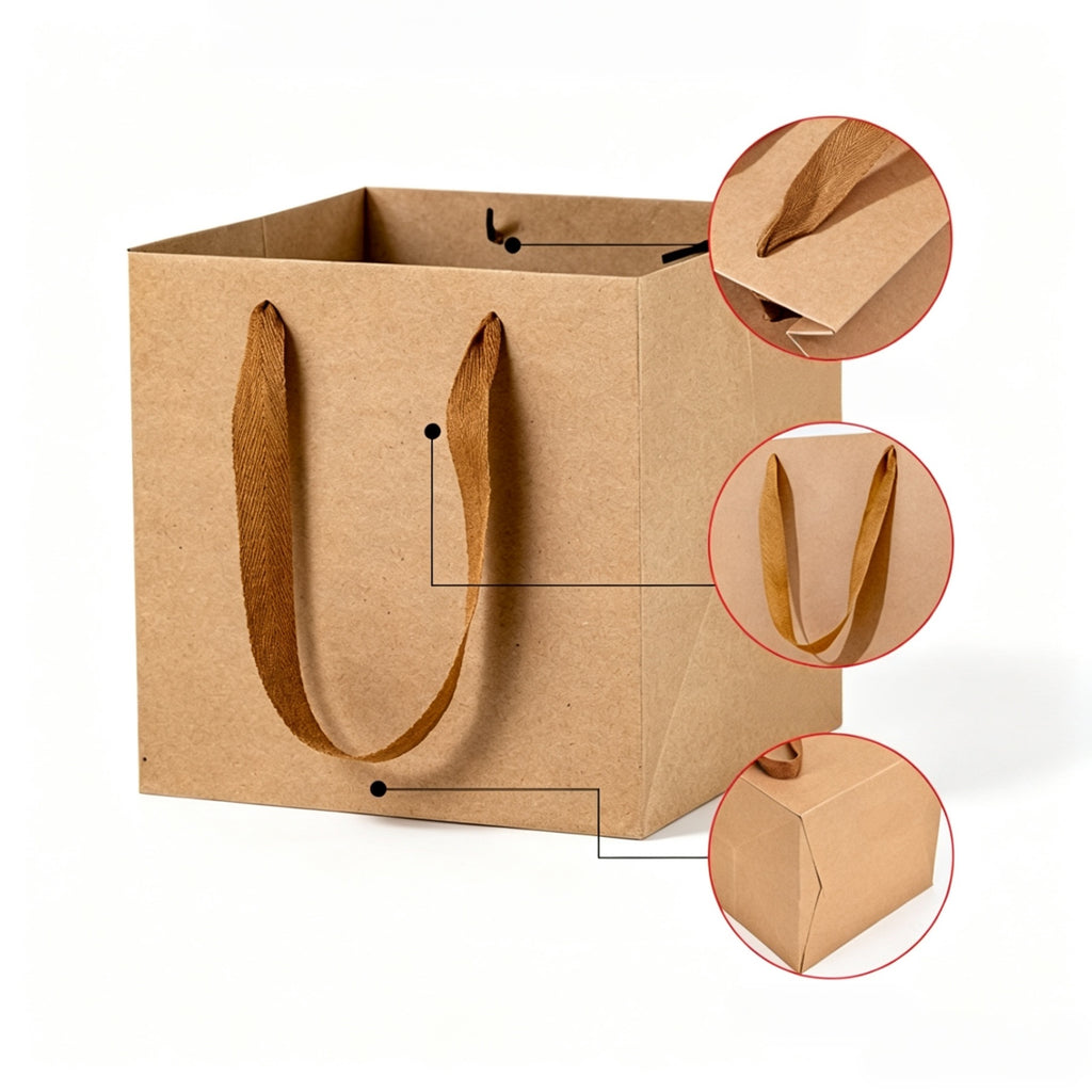 Square Kraft Paper Bag Ribbon Handle Gift Tote Box - blank product