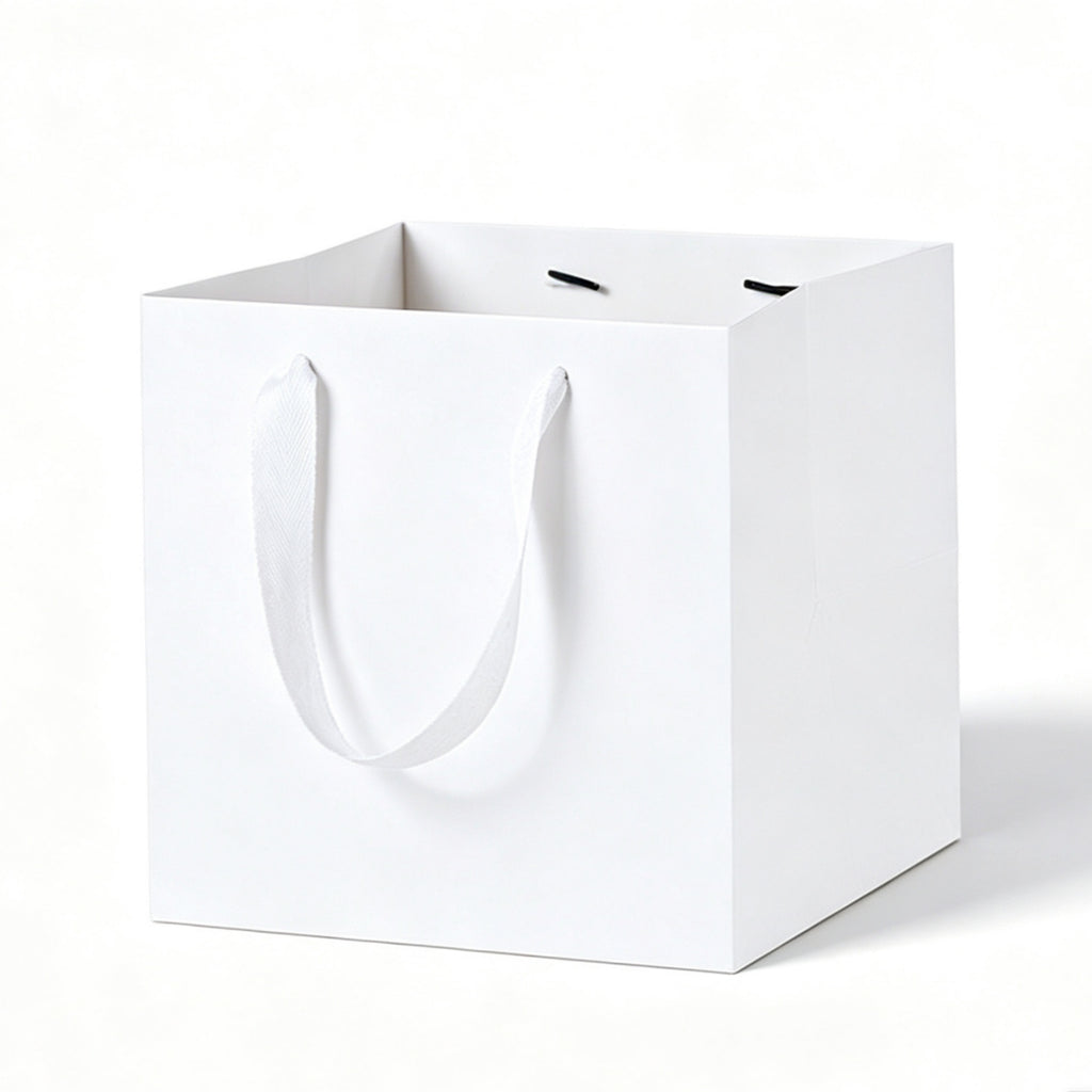 Square Kraft Paper Bag Ribbon Handle Gift Tote Box - White