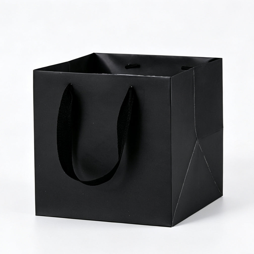 Square Kraft Paper Bag Ribbon Handle Gift Tote Box - Black