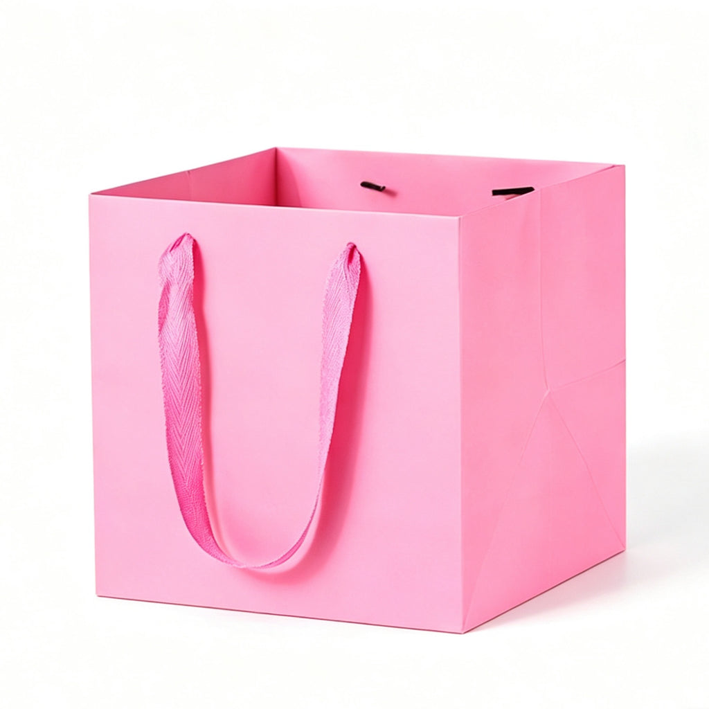 Square Kraft Paper Bag Ribbon Handle Gift Tote Box - Pink