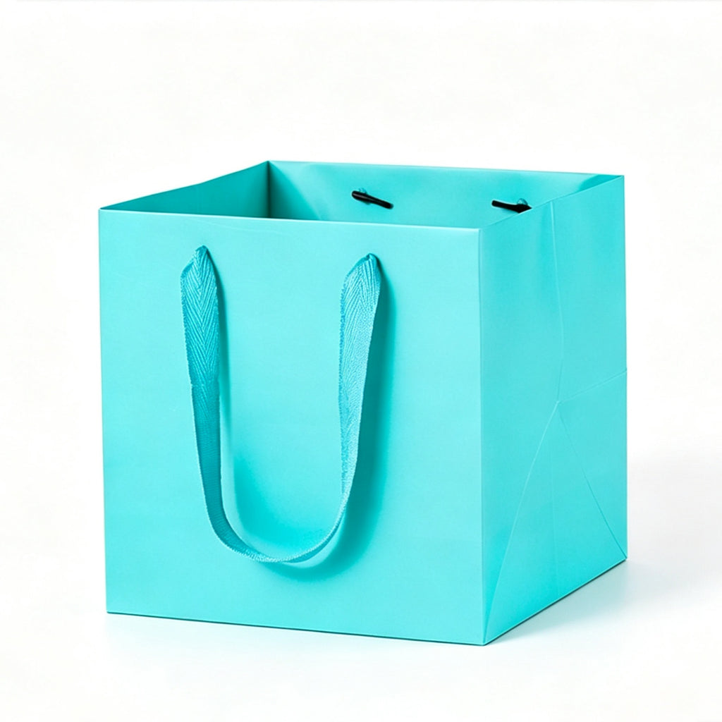 Square Kraft Paper Bag Ribbon Handle Gift Tote Box - Blue