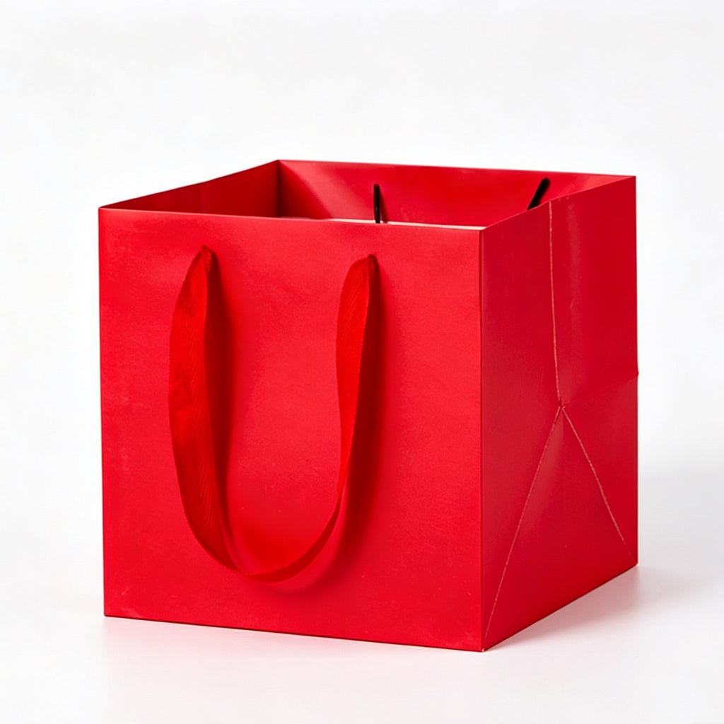 Square Kraft Paper Bag Ribbon Handle Gift Tote Box - Red