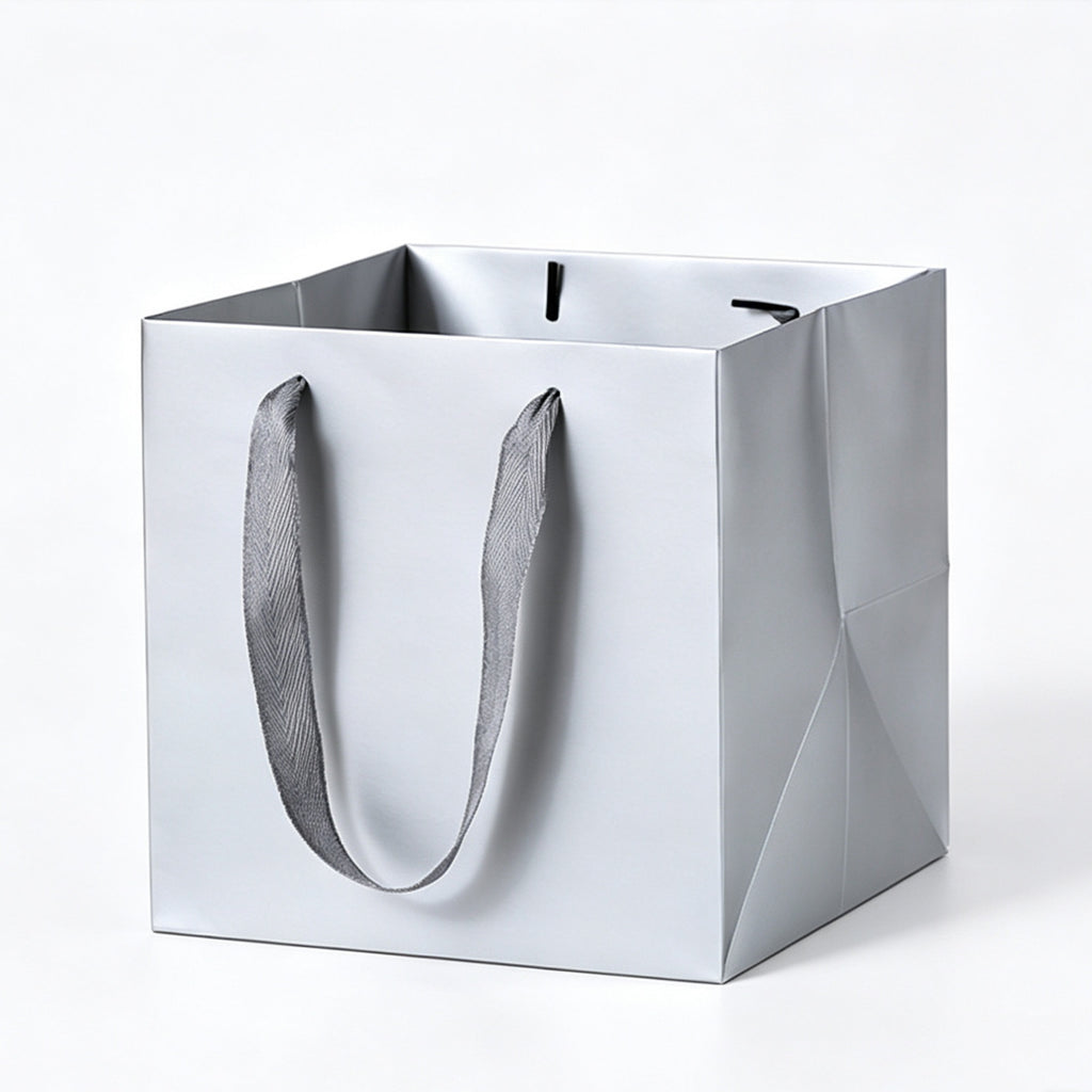 Square Kraft Paper Bag Ribbon Handle Gift Tote Box - Silver