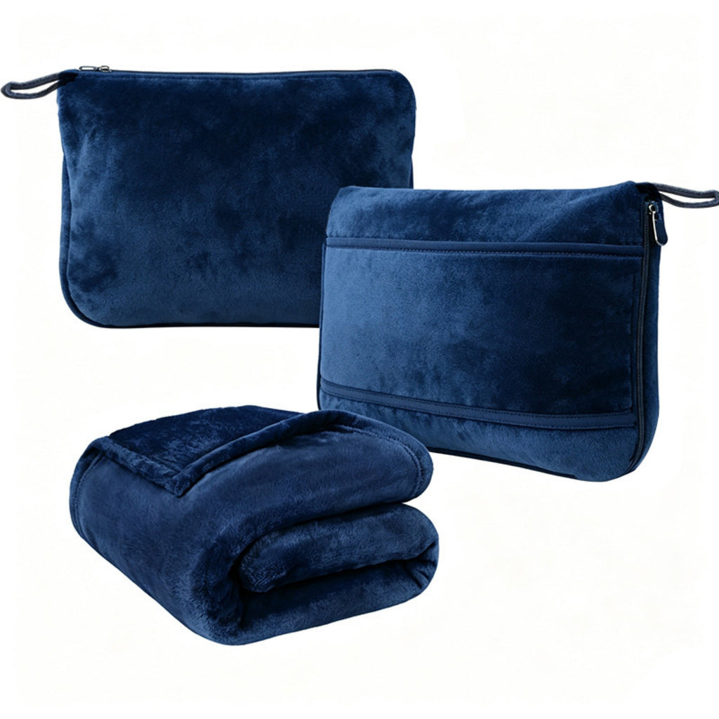 Portable Travel Blanket Pillow Soft Flannel Quilt - Blue