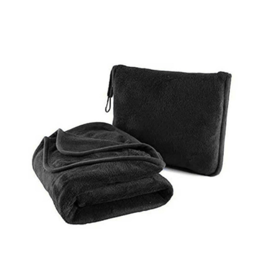 Portable Travel Blanket Pillow Soft Flannel Quilt - Black