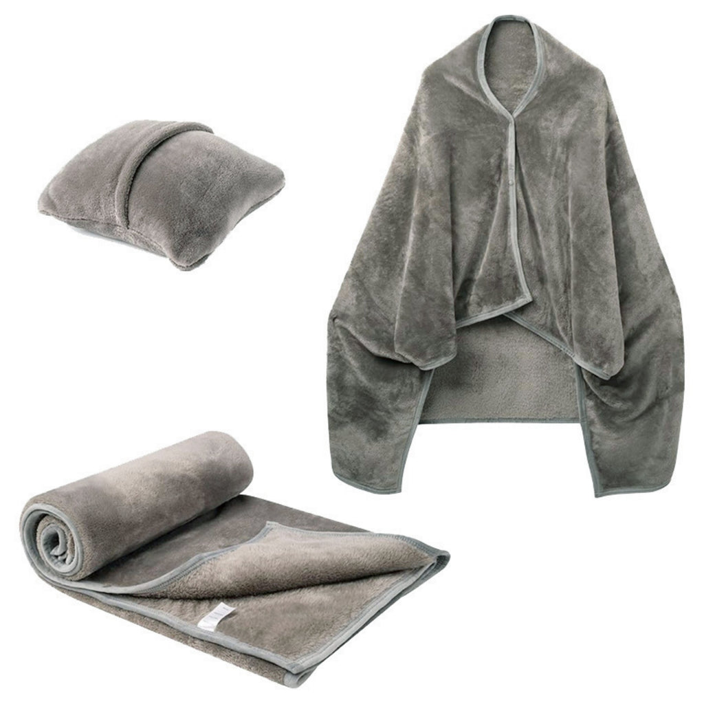 Soft Flannel Travel Blanket Airplane Pillow Shawl - Gray