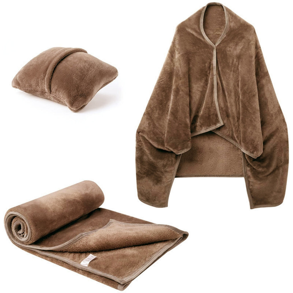 Soft Flannel Travel Blanket Airplane Pillow Shawl - Coffee