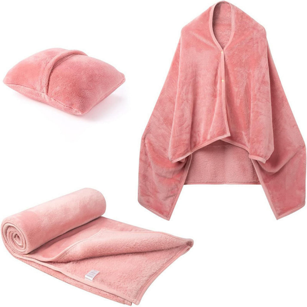 Soft Flannel Travel Blanket Airplane Pillow Shawl - Pink